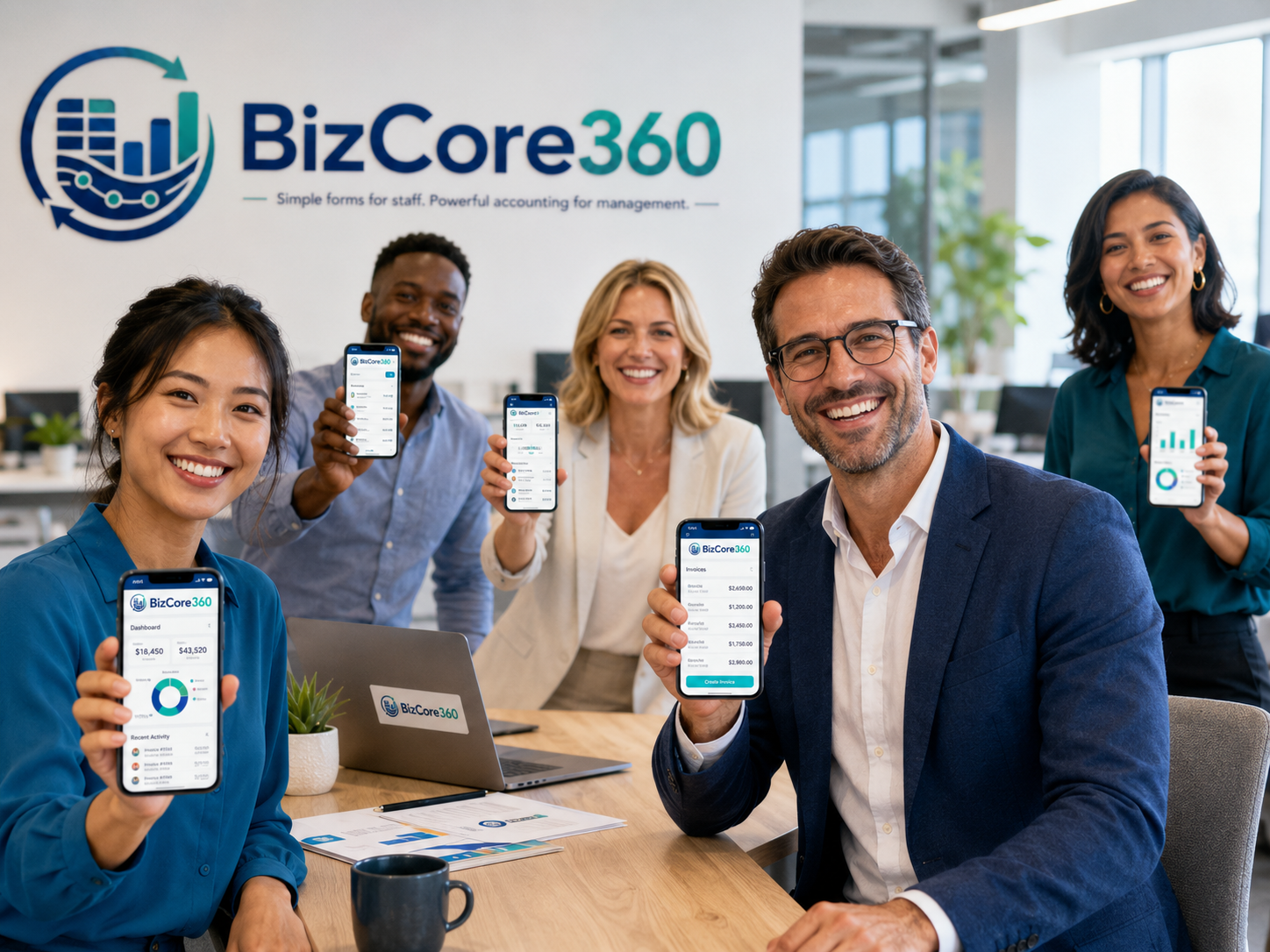 Team smiling while using BizCore360 on phones