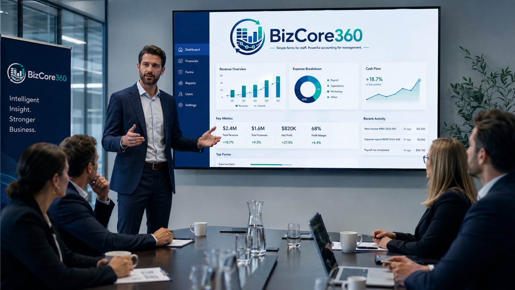 Executive meeting with BizCore360 dashboard shown on a large screen