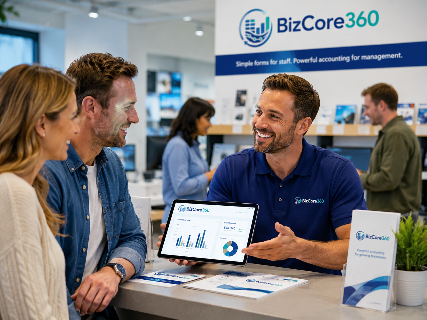 Salesperson demonstrating BizCore360 workflows on a tablet
