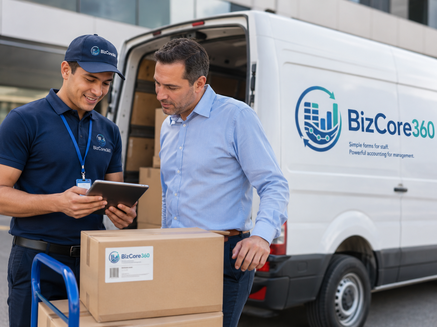 Delivery staff reviewing goods and documents with BizCore360